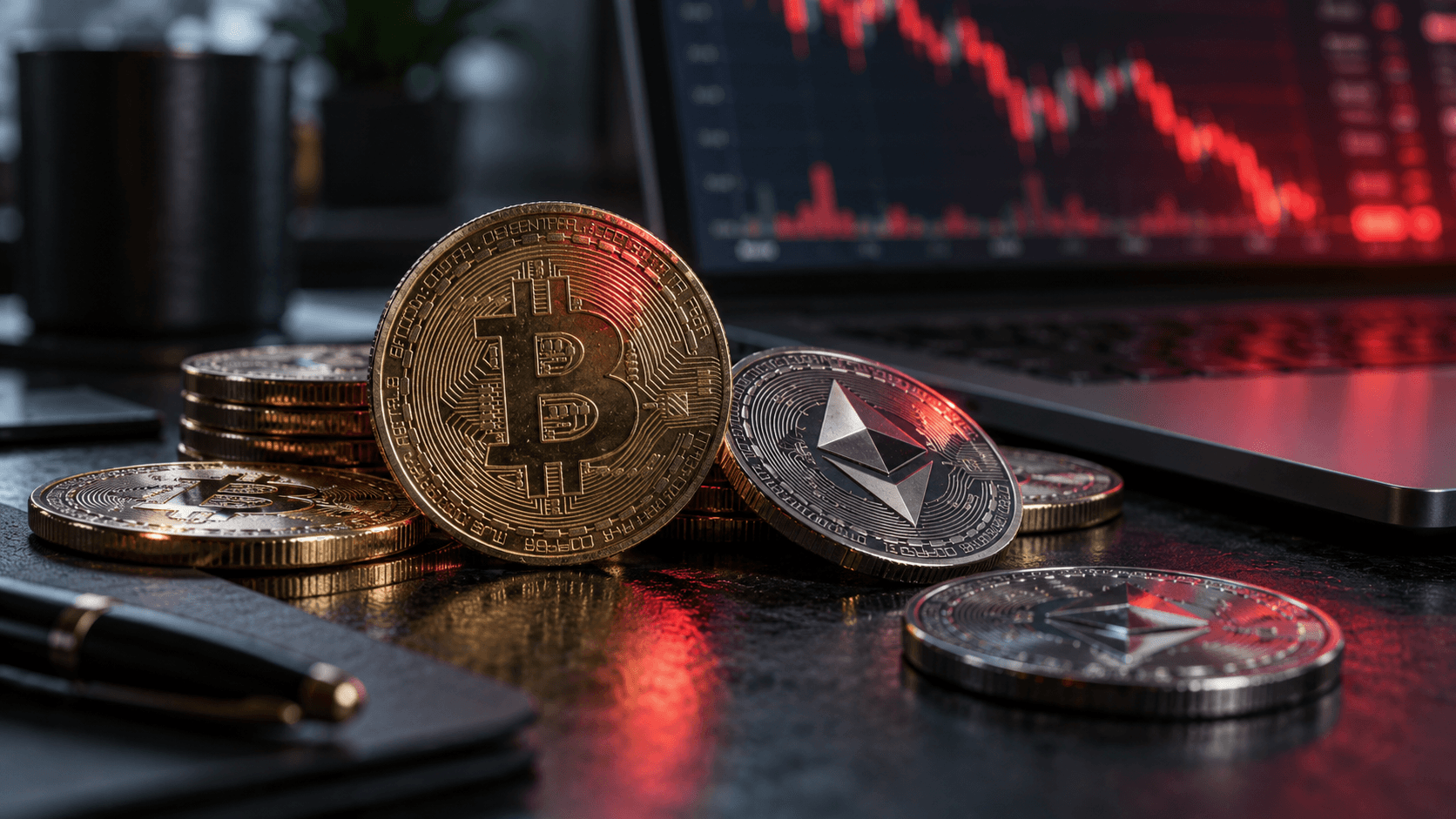 Editorial illustration of Bitcoin and Ethereum tokens beside a computer